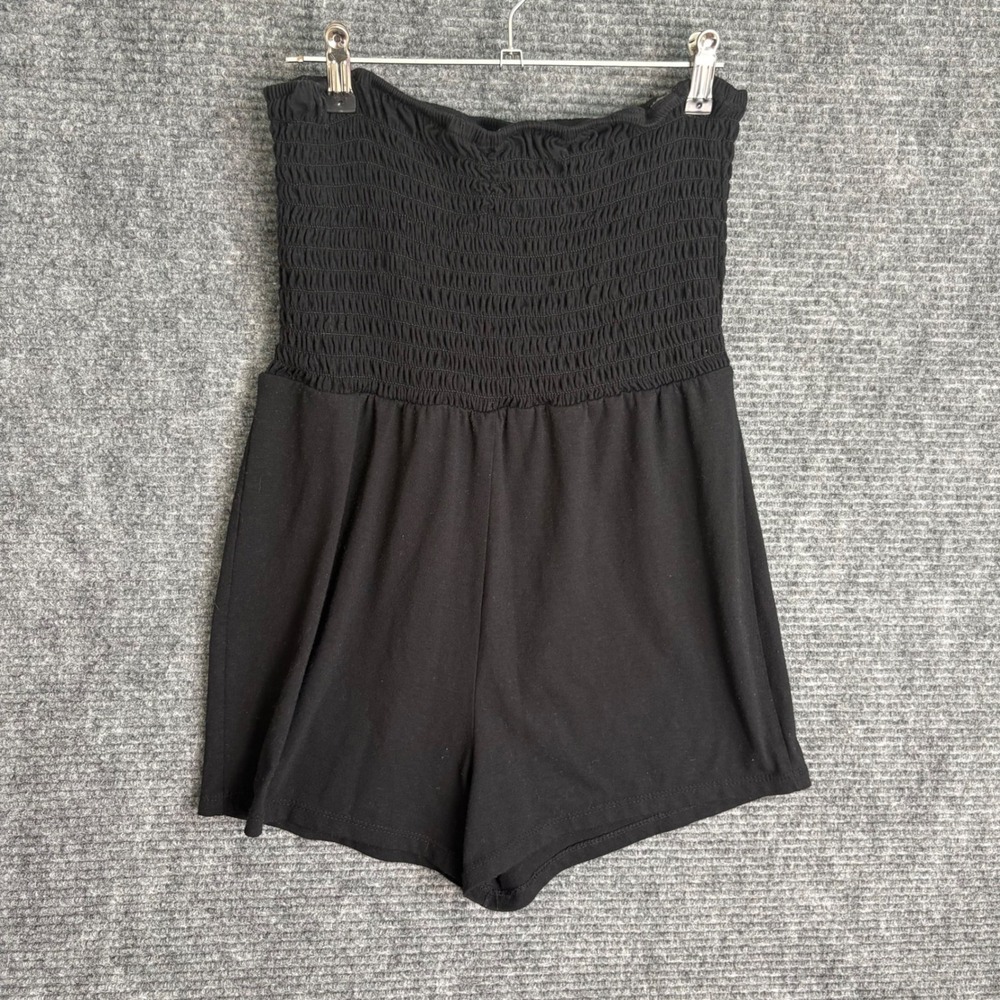 VTG Y2K Mudd Womens Black Smocked Strapless Romper Sz Medium Jersey Knit Shorts